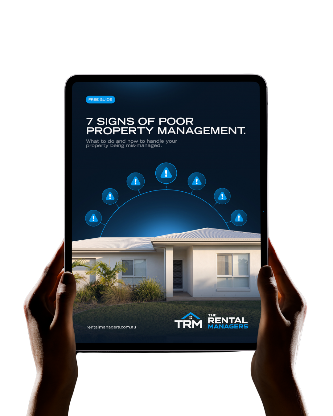 Free guide: 7 Signs of Poor Property Management, shown on a tablet held by hands