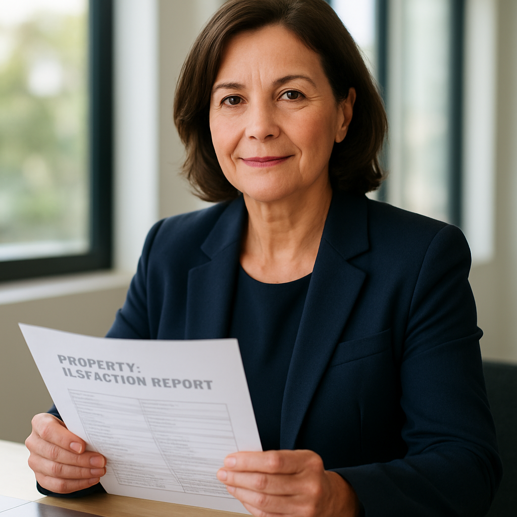 Suzy Spilsbury reviewing a property inspection report.