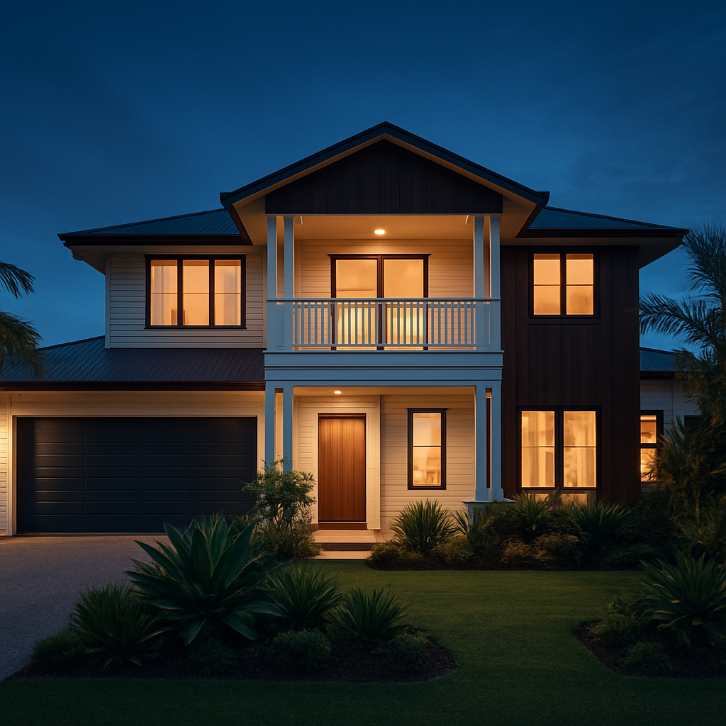 An upscale Townsville investment home lit warmly at dusk.